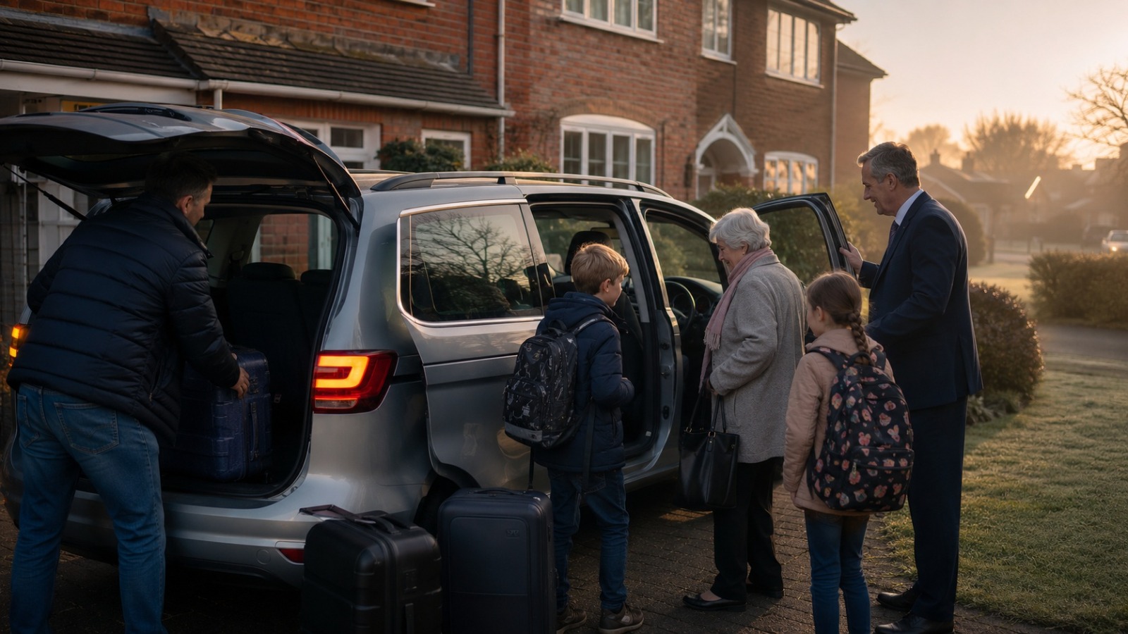 Family loading 6-seater MPV with luggage for pre-booked early morning taxi to Heathrow Airport
