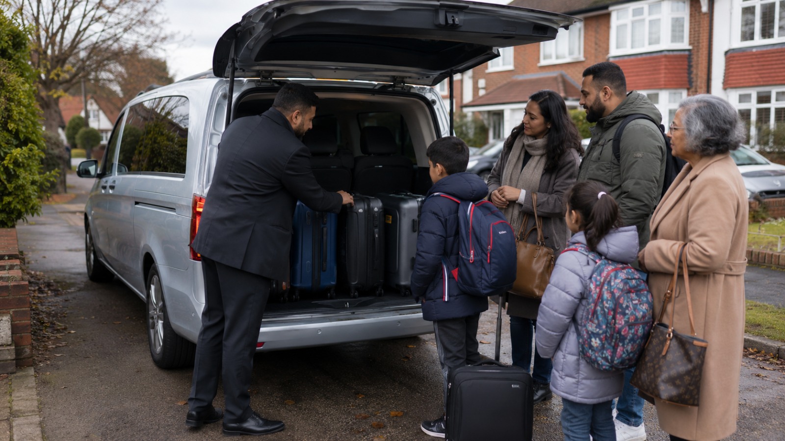 Family of five loading luggage into a silver MPV taxi for a UK airport transfer with their driver