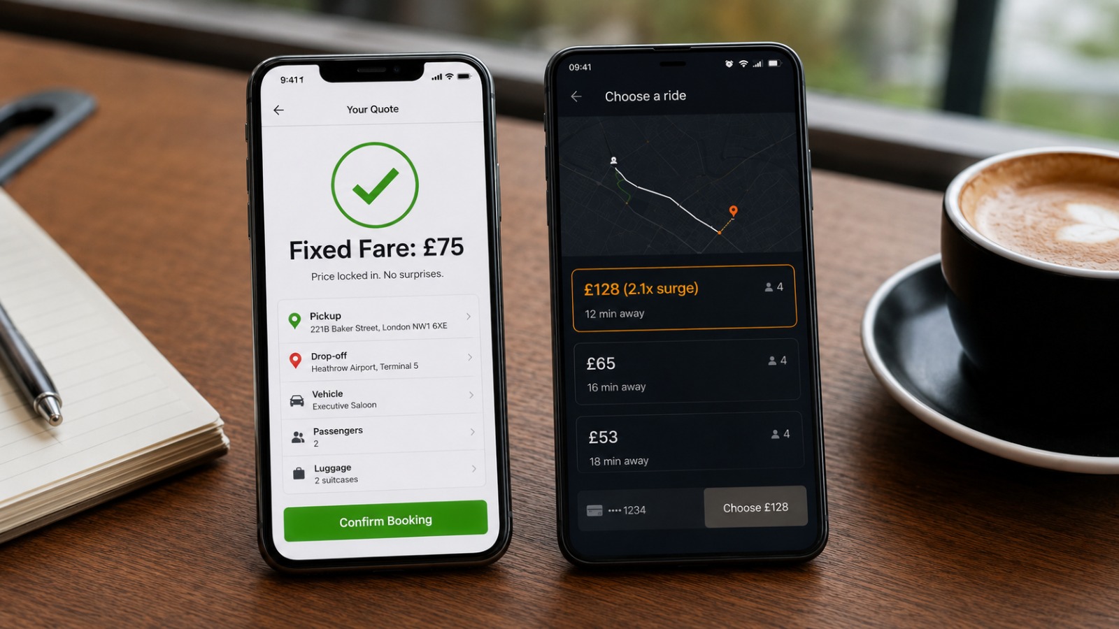 Comparison of a fixed airport taxi fare at £75 against a rideshare surge price of £128 on two phones