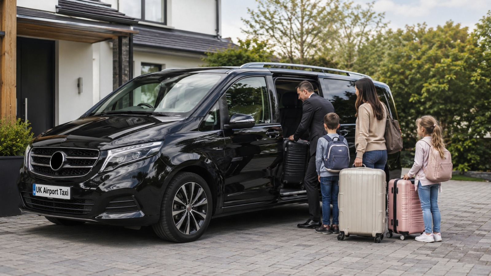 Family loading luggage into an 8-seater Luton Airport taxi with child seats fitted