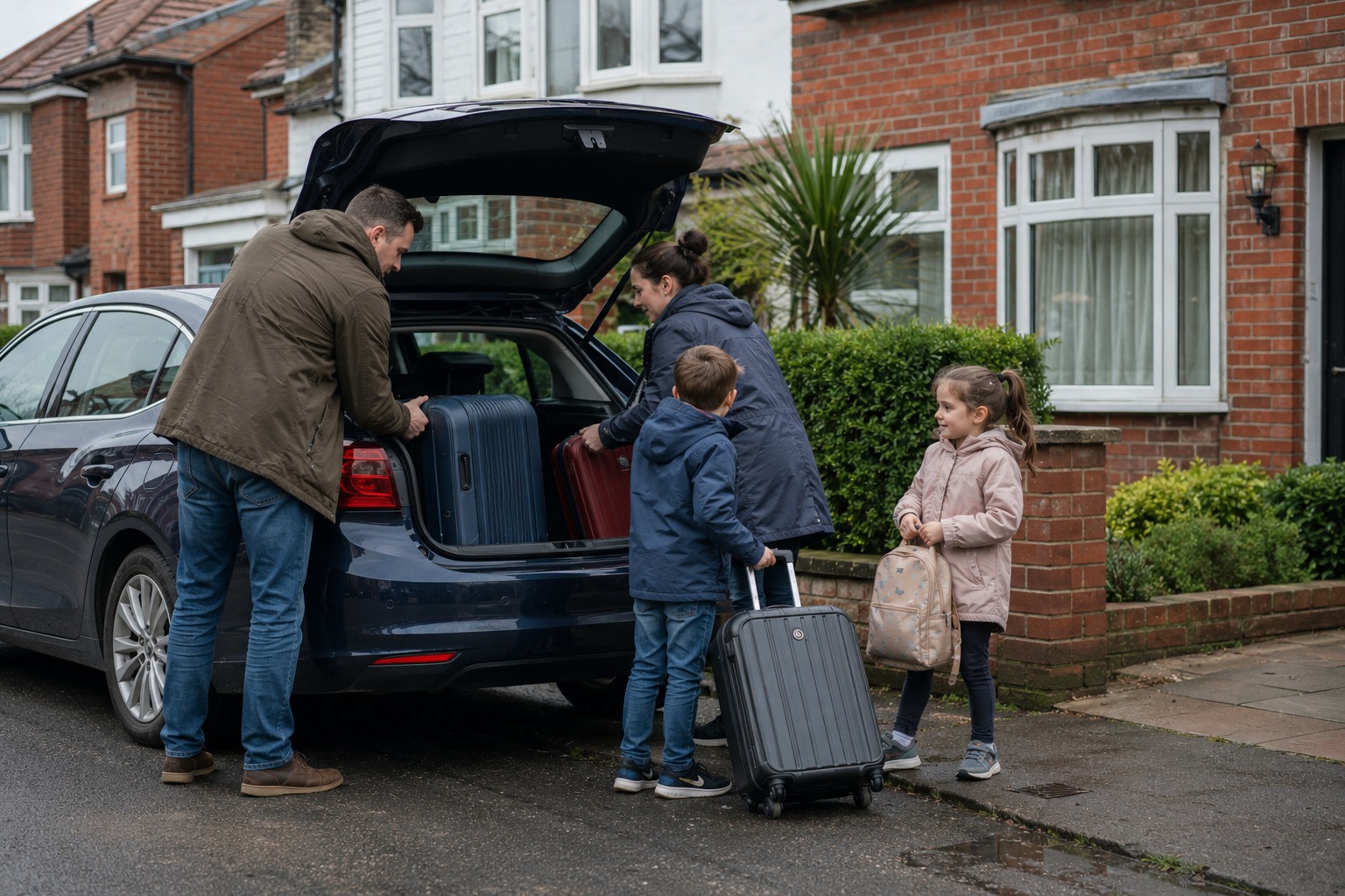 Family loading suitcases into a saloon taxi outside a UK home before a Manchester Airport transfer